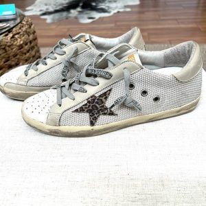 Golden Goose Super-Star sneakers in mesh with leopard-print star.  Size 39.
